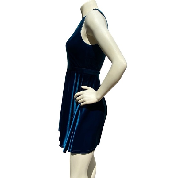 ALTAR’D STATE Deep Teal Blue Velvet Sleeveless Halter Cut Out Pleated Mini Dress - Picture 7 of 16